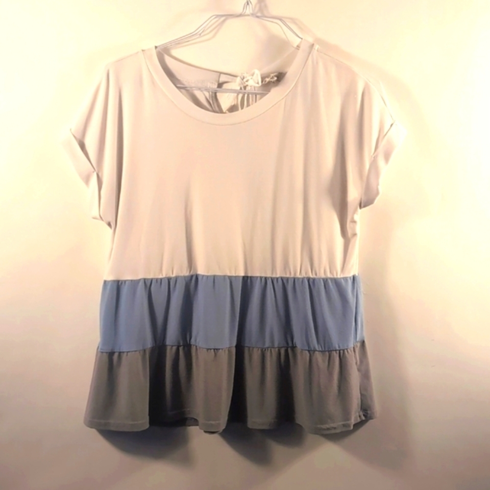 Flower And Feather Multi Color White & Blue Block Pull Over Top Size Large